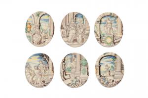 Sei “ambrogette” di maiolica. Manifattura Rampini, probabilmente pittore Siro Antonio Africa, Pavia, 1693-1704.